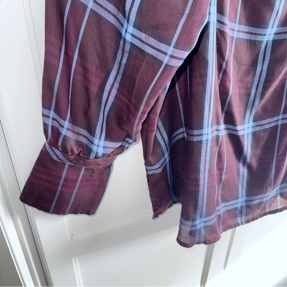 Ann Taylor LOFT Burgundy/Blue Plaid Off-Shoulder Blouse Sz Large - Picture 6 of 12